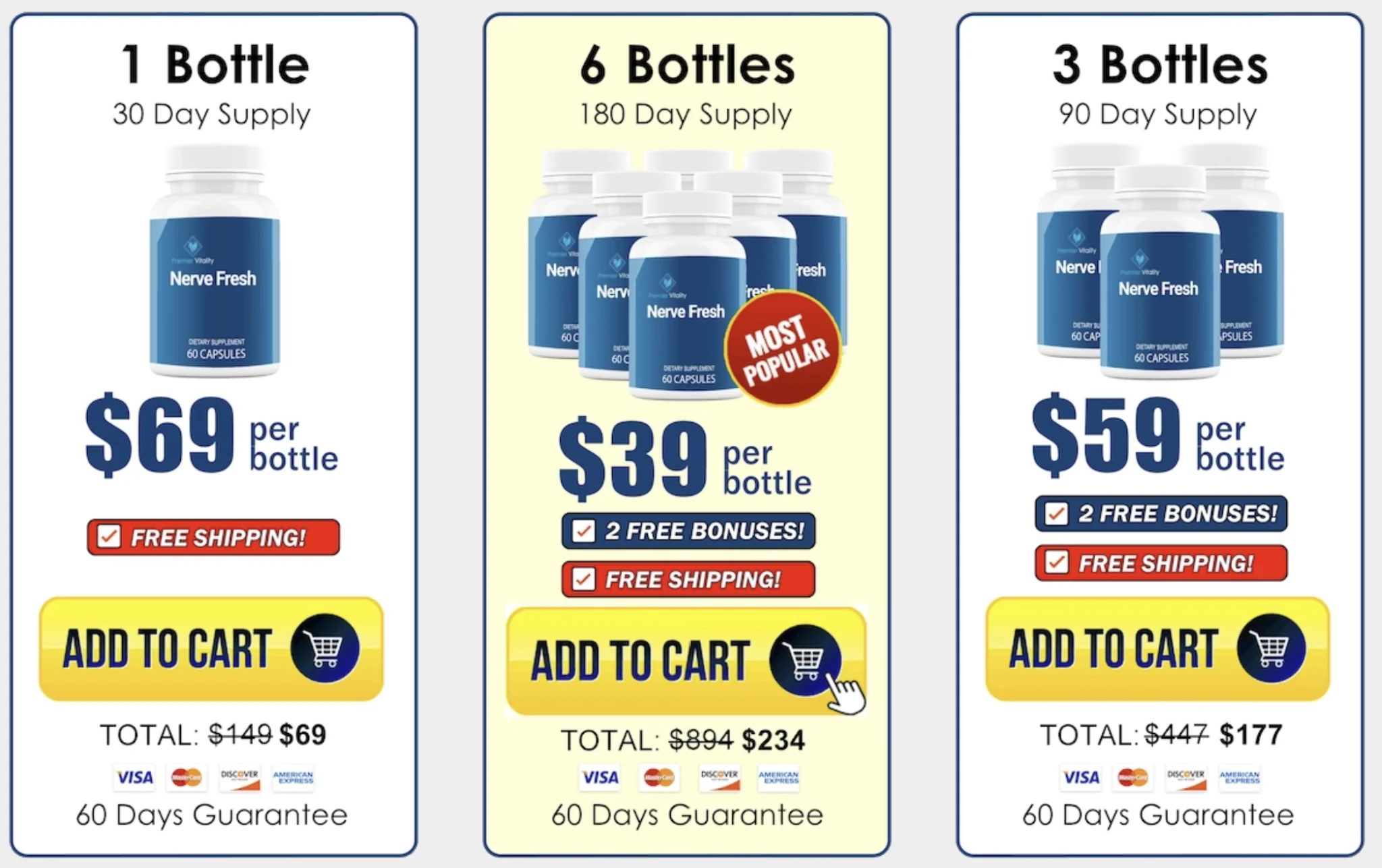 Supplied Nerve Fresh promotion showing one bottle at $69, six at $39 each and three at $59 each